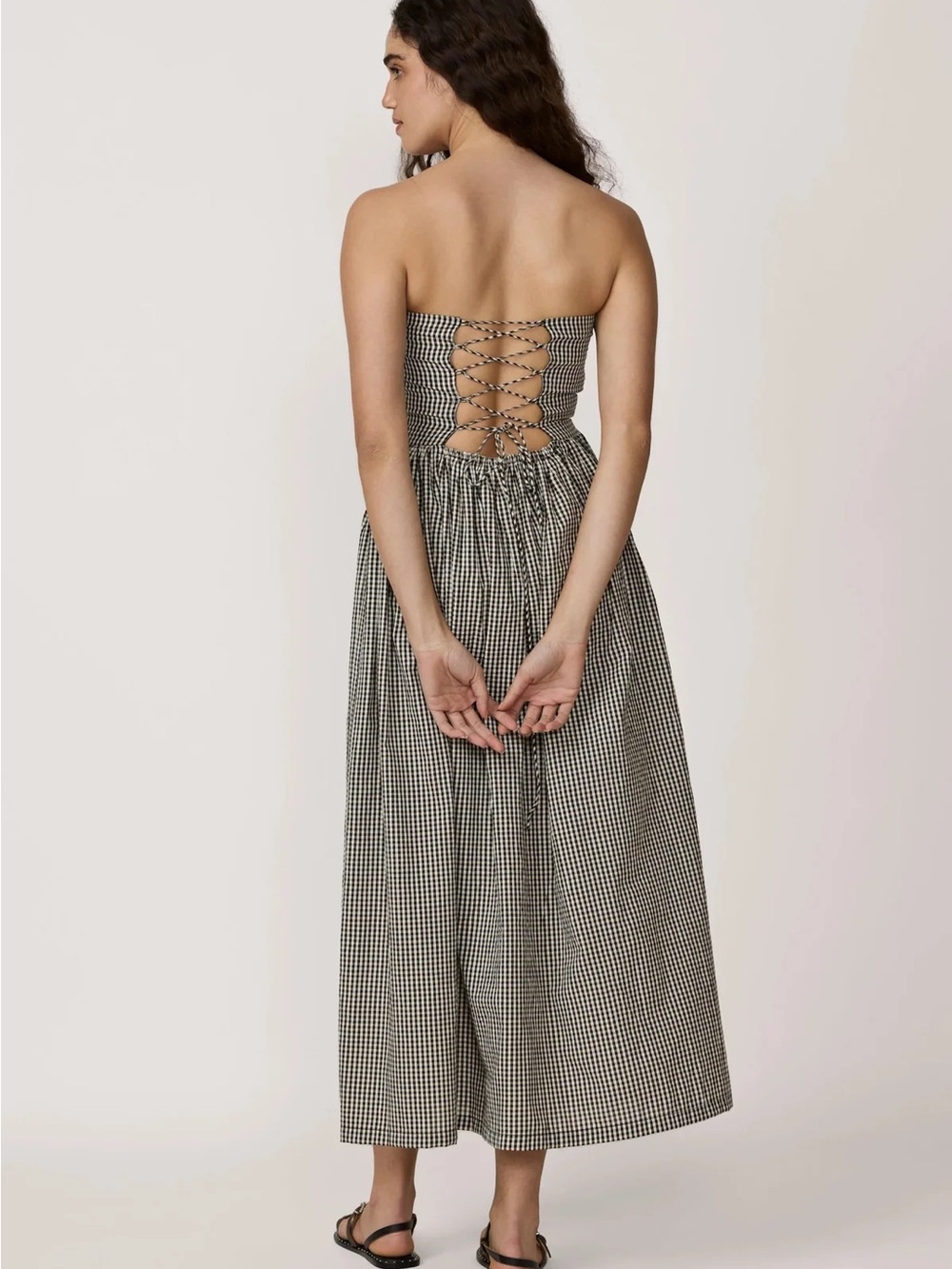 Smocked Strapless Gingham Midi Dress in Black & White - Picture 2 of 6